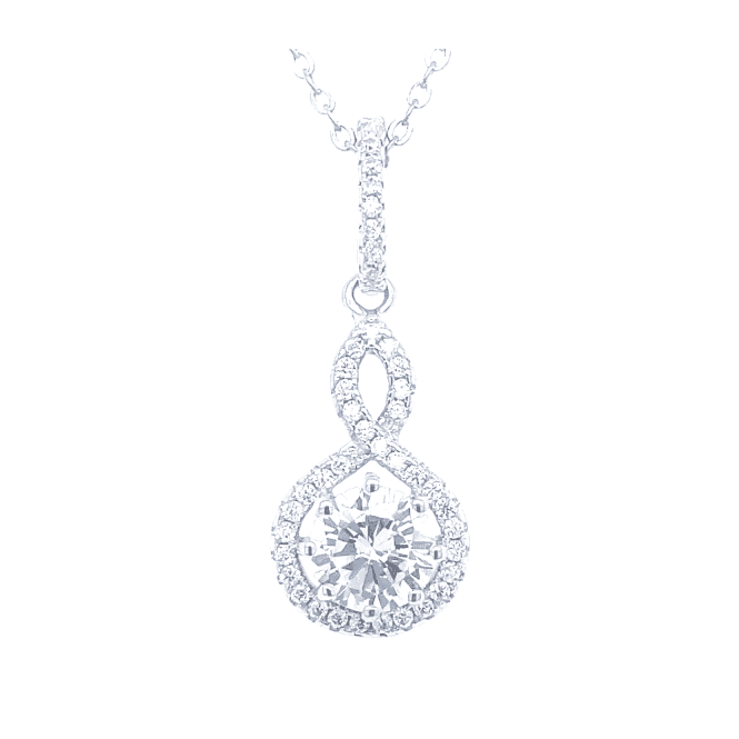Faith Sterling Silver Sterling Silver Round CZ with Halo & Twist Drop Necklace 25x9mm, 16-18