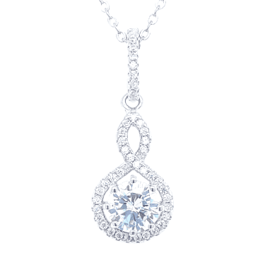 Sterling Silver Round CZ with Halo & Twist Drop Necklace 25x9mm, 16-18"