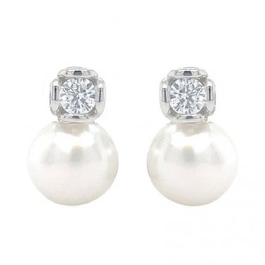 Sterling Silver Round CZ with Pearl Drop Hook Back Stud Earrings 14x10mm