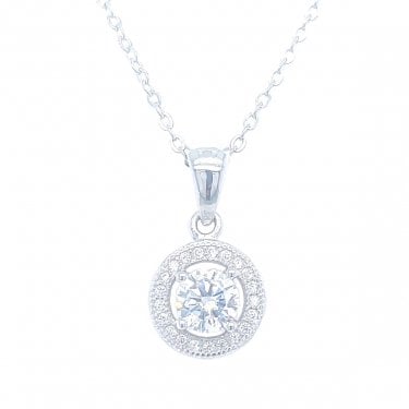 Sterling Silver Round Floating Halo CZ Necklace 9mm, 16-18"