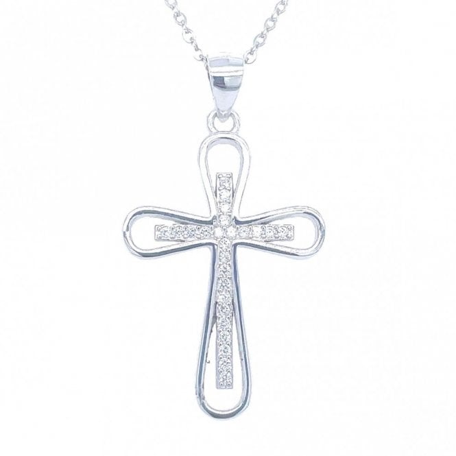 Faith Sterling Silver Sterling Silver Rounded Edge Open Cross with Pave Inside Cross Necklace 25x18mm, 16-18