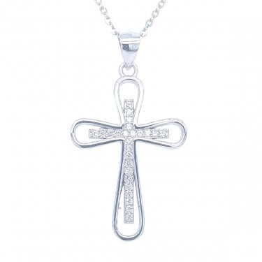 Sterling Silver Rounded Edge Open Cross with Pave Inside Cross Necklace 25x18mm, 16-18"