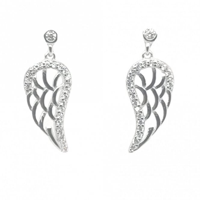 Faith Sterling Silver Sterling Silver Rubover 10x20mm Stud with Drop CZ Edge Open Weave Angel Wing Earrings