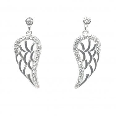 Sterling Silver Rubover 10x20mm Stud with Drop CZ Edge Open Weave Angel Wing Earrings