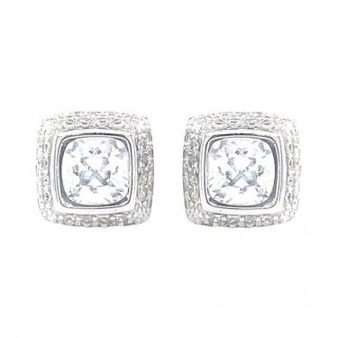 Sterling Silver Rubover Cushion Centre with Double CZ Halo Stud Earrings 8x8mm