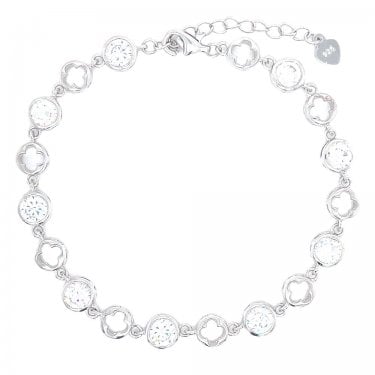 Sterling Silver Rubover CZ & Alternating Open Rounded Clover Bracelet 17.5+4cm