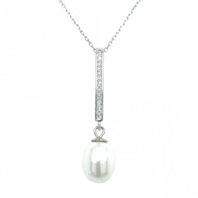 Faith Sterling Silver Sterling Silver Rubover CZ Bar & Pearl Drop Necklace 32x8mm, 16-18