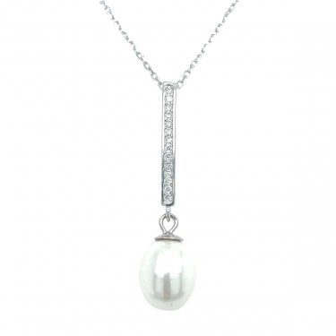 Sterling Silver Rubover CZ Bar & Pearl Drop Necklace 32x8mm, 16-18"