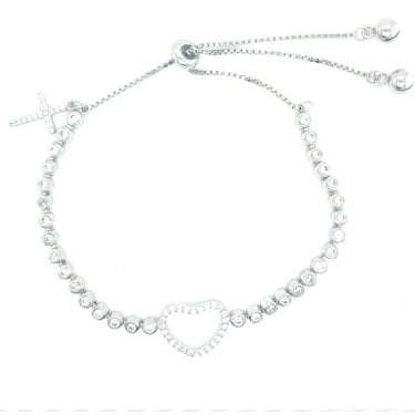 Sterling Silver Rubover CZ Link with CZ Heart & CZ Cross Charm Bracelet 12+8cm