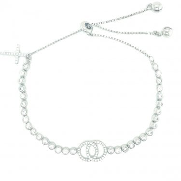 Sterling Silver Rubover CZ Link with Double CZ Circle & CZ Cross Charm Bracelet 12+8cm