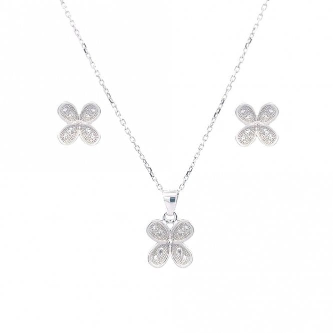 Faith Sterling Silver Sterling Silver Rubover CZ Pave Butterfly Necklace & Earrings Set 9x9mm, 16-18