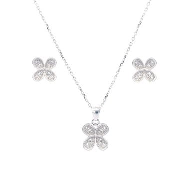 Sterling Silver Rubover CZ Pave Butterfly Necklace & Earrings Set 9x9mm, 16-18"