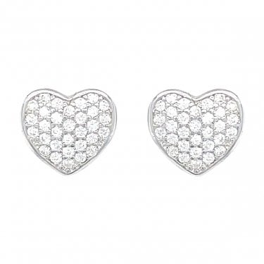 Sterling Silver Rubover Edge Pave CZ Heart Stud Earrings 7x8mm