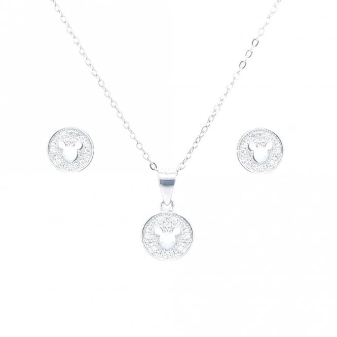 Faith Sterling Silver Sterling Silver Rubover Pave CZ Disc with Mickey Mouse Centre Necklace & Earrings Set 9x9mm, 16-18