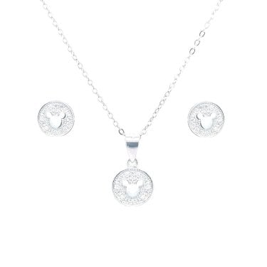 Sterling Silver Rubover Pave CZ Disc with Mickey Mouse Centre Necklace & Earrings Set 9x9mm, 16-18"