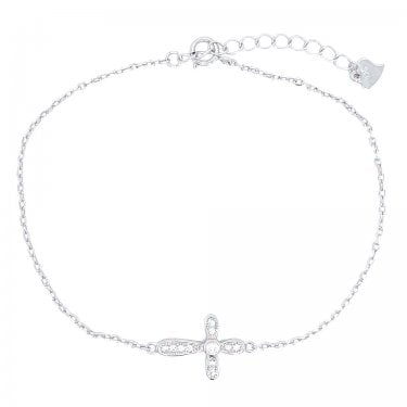 Sterling Silver Rubover Pave CZ Sideways Cross Bracelet 18+3.5cm