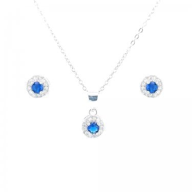 Sterling Silver September Birthstone CZ Halo Necklace & Earrings Set 7x7mm, 16-18"