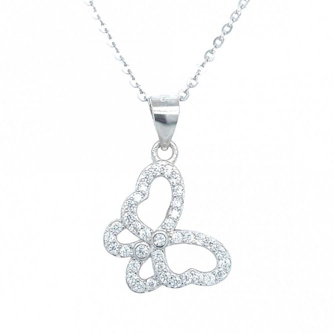 Faith Sterling Silver Sterling Silver Sideways CZ Butterfly with 2 Rubover CZ Centre Necklace 15mm, 16-18