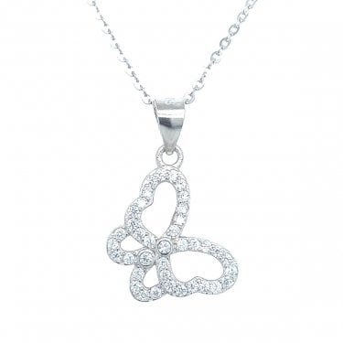 Sterling Silver Sideways CZ Butterfly with 2 Rubover CZ Centre Necklace 15mm, 16-18"