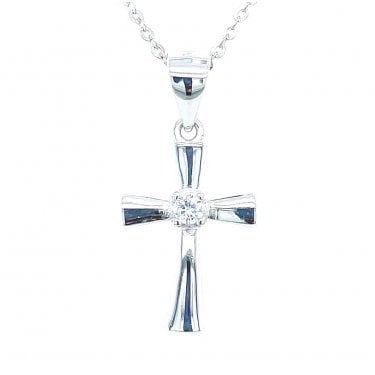 Sterling Silver Single Stone Cross with Trumpet Edges Necklace 17x12mm, 16-18"