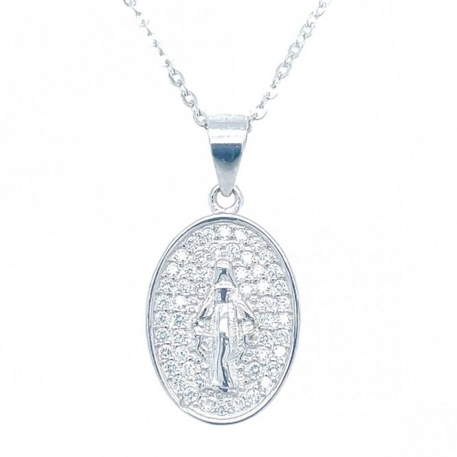 Faith Sterling Silver Sterling Silver Small Oval CZ Pave Background Miraculous Medal Necklace 16x12 mm, 16-18