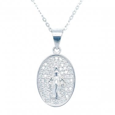 Sterling Silver Small Oval CZ Pave Background Miraculous Medal Necklace 16x12 mm, 16-18"