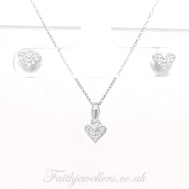 Sterling Silver Small Pave Rubover Edge Heart Pendant & Stud Earrings 6x6mm