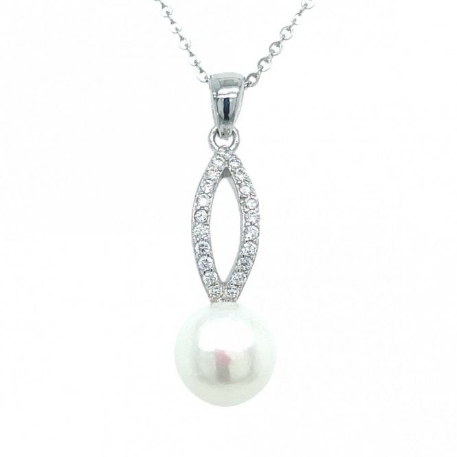Faith Sterling Silver Sterling Silver Split CZ Bar with Large Single Pearl Necklace 24x8mm, 16-18