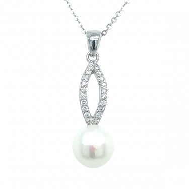 Sterling Silver Split CZ Bar with Large Single Pearl Necklace 24x8mm, 16-18"