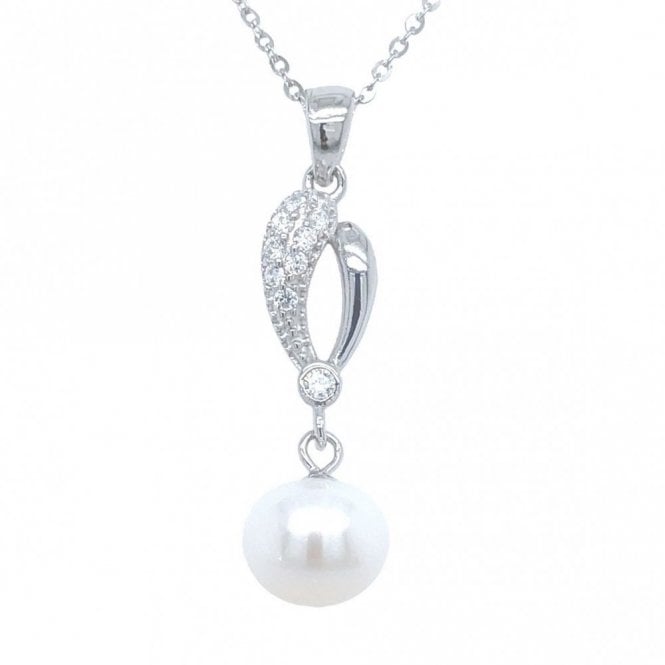 Faith Sterling Silver Sterling Silver Split Half CZ, Half Plain Bar with Large Single Pearl Necklace 21x9mm, 16-18