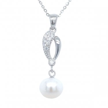 Sterling Silver Split Half CZ, Half Plain Bar with Large Single Pearl Necklace 21x9mm, 16-18"