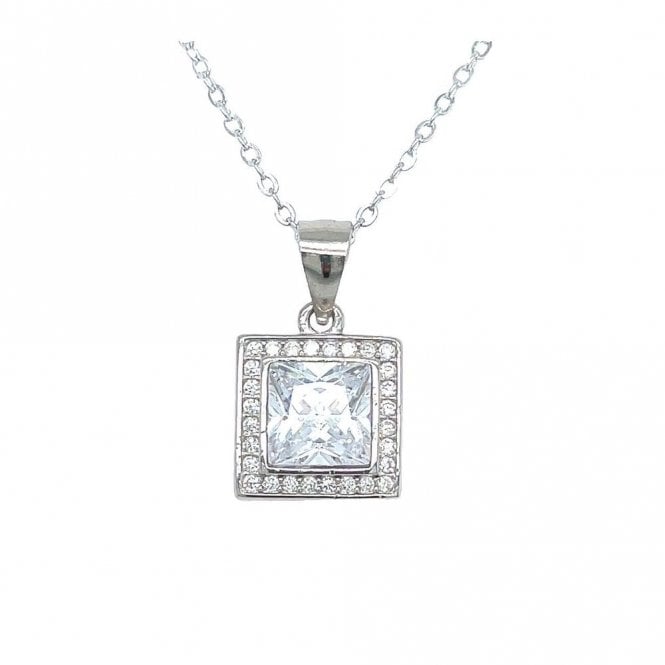 Faith Sterling Silver Sterling Silver Square Claw Set CZ Rubover Halo Necklace 10x10mm, 16-18