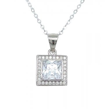 Sterling Silver Square Claw Set CZ Rubover Halo Necklace 10x10mm, 16-18"