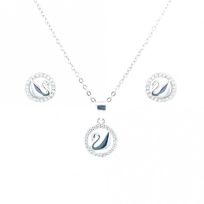 Faith Sterling Silver Sterling Silver Swan with CZ Surround Necklace & Earrings Set 9x9mm, 10x10mm, 16-18