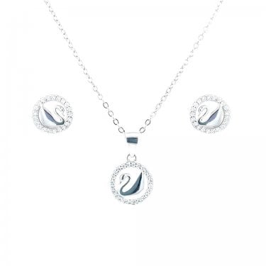 Sterling Silver Swan with CZ Surround Necklace & Earrings Set 9x9mm, 10x10mm, 16-18"