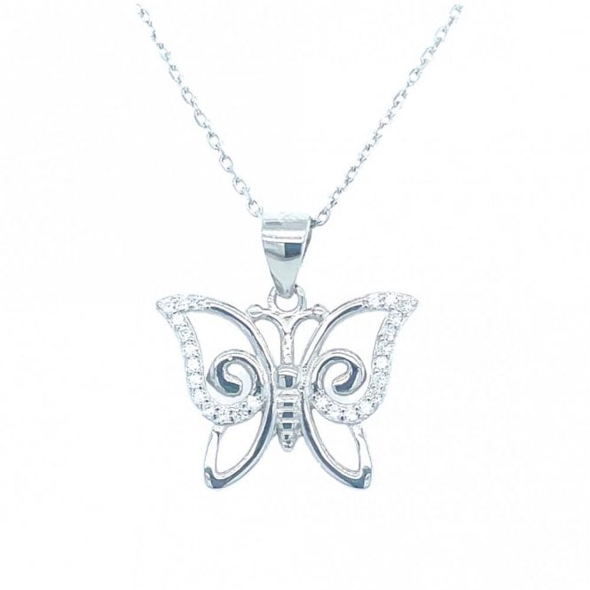 Faith Sterling Silver Sterling Silver Swirl Butterfly with Top Half CZ Outline Necklace 13x18mm, 16-18