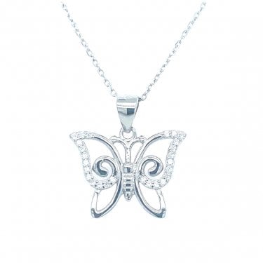Sterling Silver Swirl Butterfly with Top Half CZ Outline Necklace 13x18mm, 16-18"