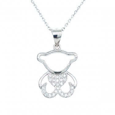 Sterling Silver Teddy Outline CZ Tummy & Feet Necklace 16x14mm, 16-18"