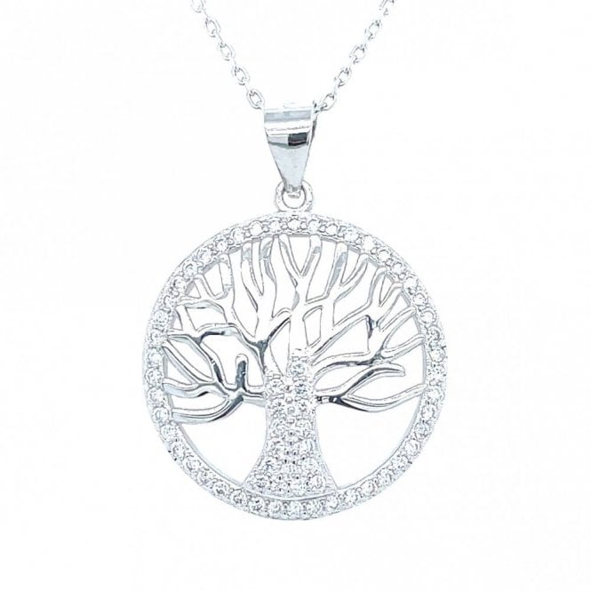 Faith Sterling Silver Sterling Silver Tree of Life Outline in CZ Surround & Pave Trunk Necklace 20mm, 16-18