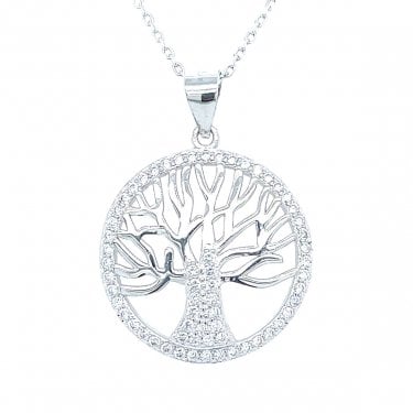 Sterling Silver Tree of Life Outline in CZ Surround & Pave Trunk Necklace 20mm, 16-18"