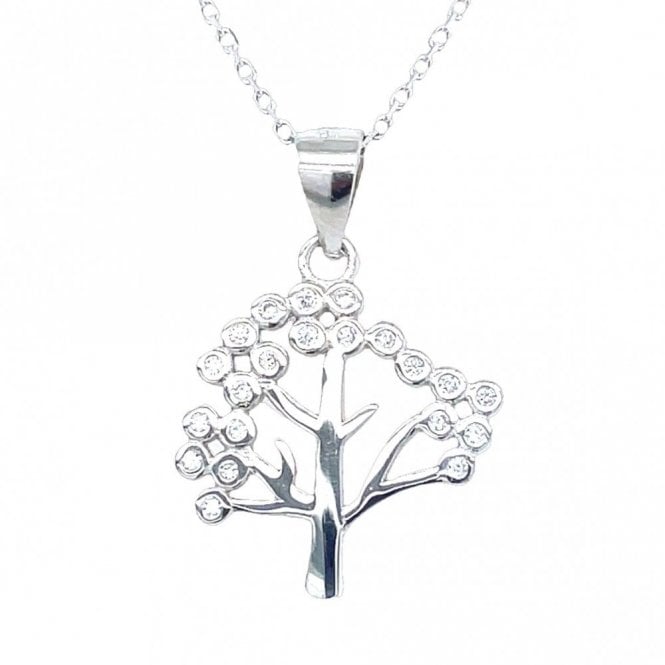 Faith Sterling Silver Sterling Silver Tree of Life Outline with Rubover CZ Round Leaves Necklace 16x11mm, 16-18
