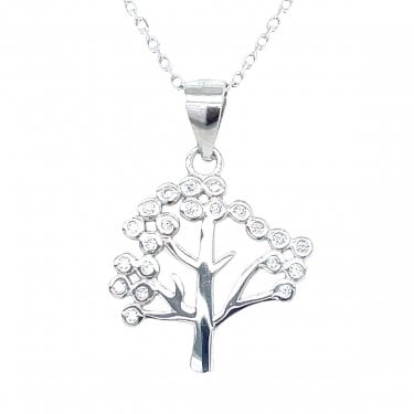 Sterling Silver Tree of Life Outline with Rubover CZ Round Leaves Necklace 16x11mm, 16-18"