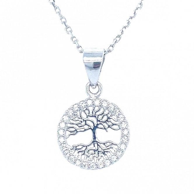 Faith Sterling Silver Sterling Silver Tree of Life & Roots Outline with CZ Surround Necklace 10mm, 16-18