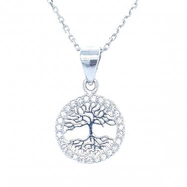 Sterling Silver Tree of Life & Roots Outline with CZ Surround Necklace 10mm, 16-18"