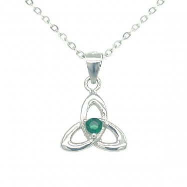 Sterling Silver Trinity Knot with Green Stone Necklace 10x10mm, 16-18" 
