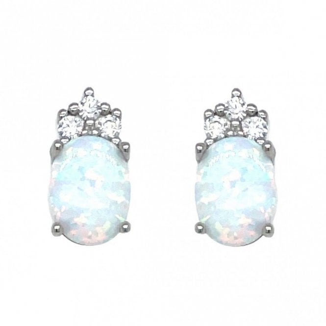 Faith Sterling Silver Sterling Silver Triple CZ Top Opal Stud Earrings 12x6mm