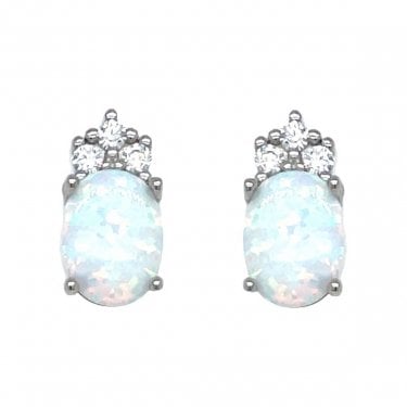 Sterling Silver Triple CZ Top Opal Stud Earrings 12x6mm