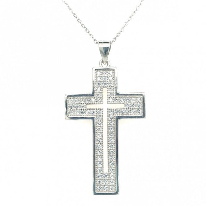 Faith Sterling Silver Sterling Silver Triple Row Pave with Cut-out Centre Cross Necklace 3.2x2cm, 38.5cm + 3.5cm
