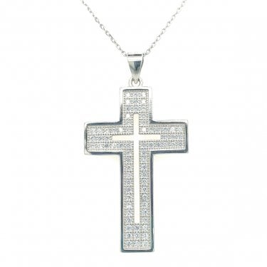 Sterling Silver Triple Row Pave with Cut-out Centre Cross Necklace 3.2x2cm, 38.5cm + 3.5cm