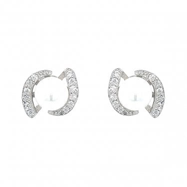 Sterling Silver Twist CZ Fancy Pearl Stud Earrings 8x10mm